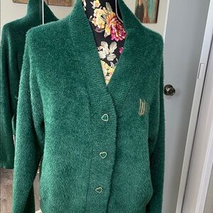 Green Fuzzy Cardigan with Heart Buttons